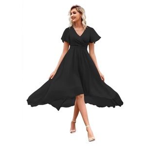 Women's Black High Low Bridesmaid Dresses Chiffon Short Sleeve V Neck